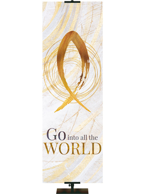 Easter Banner for Church Echoes of Easter Go Into all the World Fish Symbol in golds and bronze on white in left side thin format