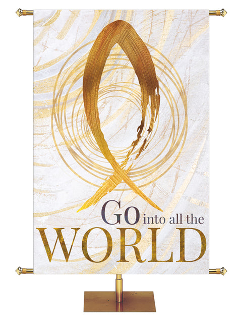 Easter Banner for Church Echoes of Easter Go Into all the World Fish Symbol in golds and bronze on white in left side wide format