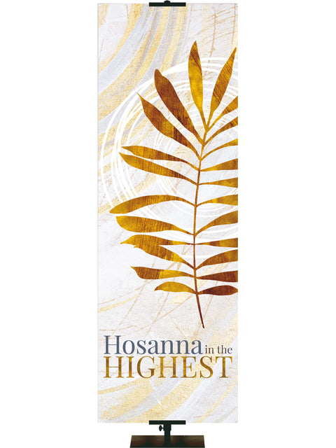 Banner for Church Echoes of Easter Hosanna in the Highest Palm Leaf Symbol in golds and bronze on white in left side thin format