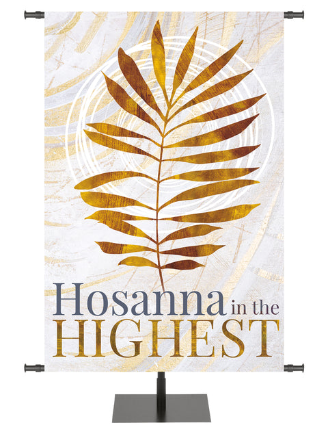 Banner for Church Echoes of Easter Hosanna in the Highest Palm Leaf Symbol in golds and bronze on white in left side wide wide format