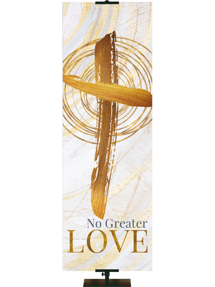 Easter Banner for Church Echoes of Easter No Greater Love and Cross Symbol in golds and bronze on white in left side thin format