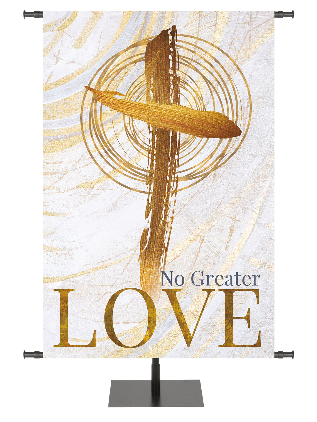 Easter Banner for Church Echoes of Easter No Greater Love and Cross Symbol in golds and bronze on white in left side wide format