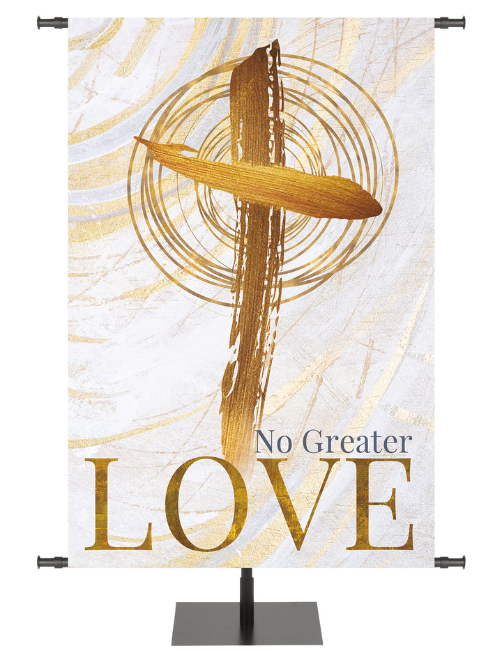 Easter Banner for Church Echoes of Easter No Greater Love and Cross Symbol in golds and bronze on white in left side wide format