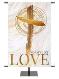 Easter Banner for Church Echoes of Easter No Greater Love and Cross Symbol in golds and bronze on white in left side wide format