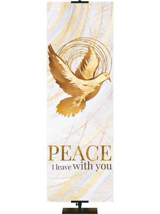 Easter Banner for Church Echoes of Easter Peace I Leave with You Dove Symbol in golds and bronze on white in left side thin format