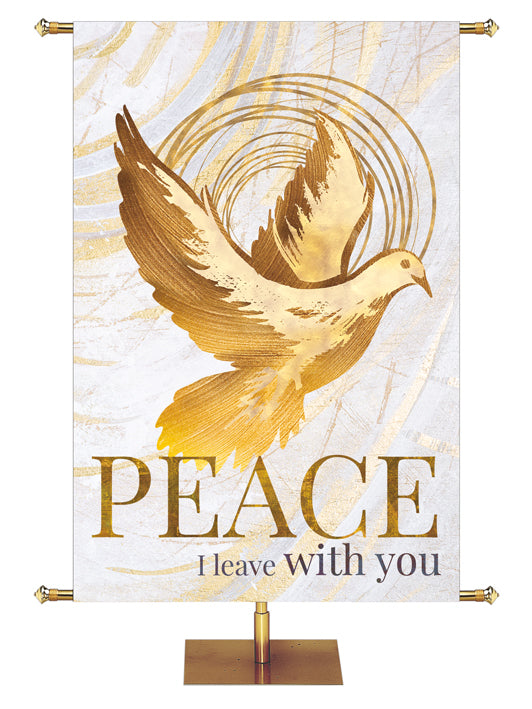 Easter Banner for Church Echoes of Easter Peace I Leave with You Dove Symbol in golds and bronze on white in left side wide format