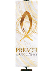 Easter Banner for Church Echoes of Easter Preach the Good News Fish Symbol in golds and bronze on white in right side thin format