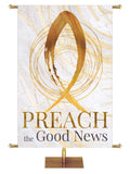 Easter Banner for Church Echoes of Easter Preach the Good News Fish Symbol in golds and bronze on white in right side wide format