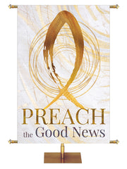 Easter Banner for Church Echoes of Easter Preach the Good News Fish Symbol in golds and bronze on white in right side wide format