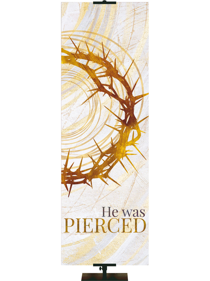Easter Banner for Church Echoes of Easter He was Pierced Crown of Thorns Symbol in golds and bronze on white left side thin format