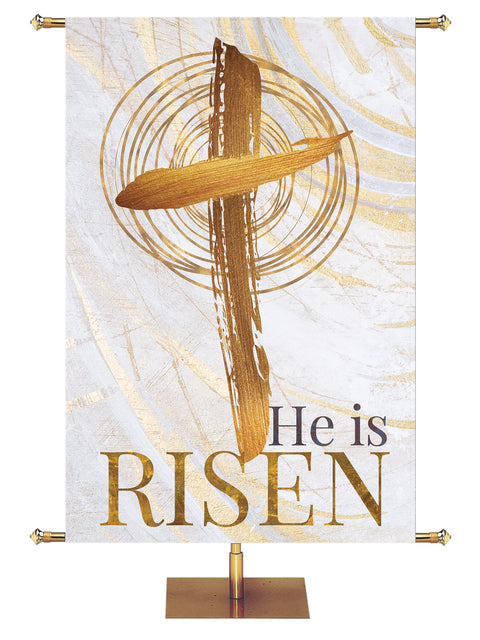 Easter Banner for Church Echoes of Easter with He Is Risen and Cross Symbol in golds and bronze on white in right side wide format