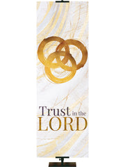 Easter Banner for Church Echoes of Easter Trust in the Lord Trinity Symbol in golds and bronze on white in left side thin format