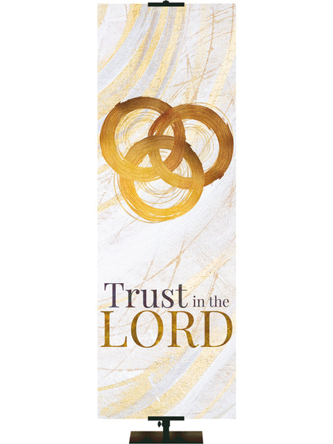 Easter Banner for Church Echoes of Easter Trust in the Lord Trinity Symbol in golds and bronze on white in left side thin format