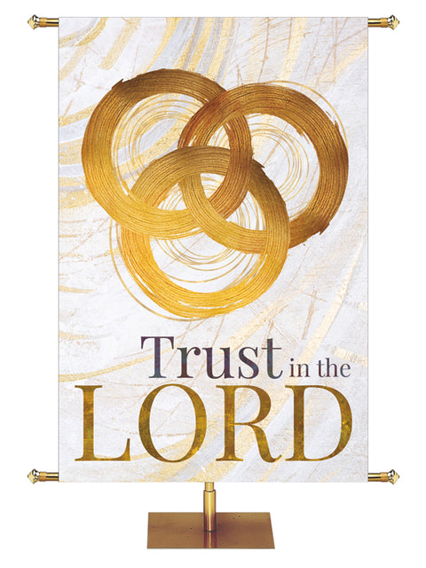 Easter Banner for Church Echoes of Easter Trust in the Lord Trinity Symbol in golds and bronze on white in left side wide format