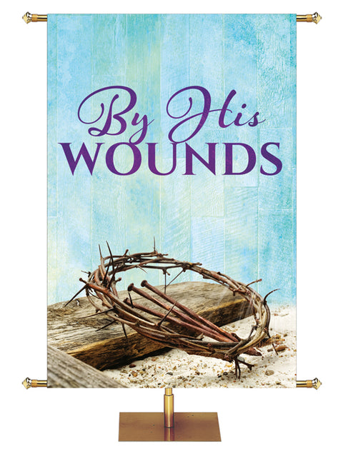 Easter Banner for Church Everlasting Easter By His Wounds with Crown of Thorns, Cross and Nails (Left) on blue background