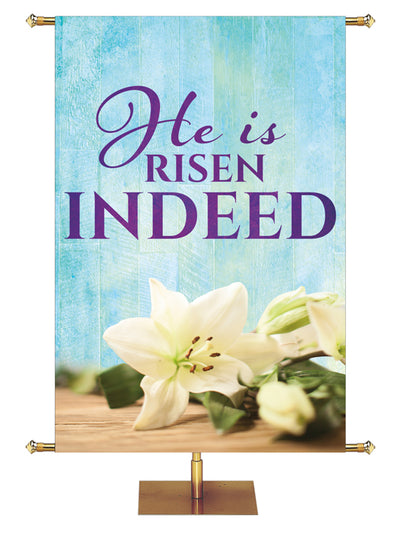 Easter Banner for Church He Is Risen Indeed with Easter Lily (Right) on blue rustic background