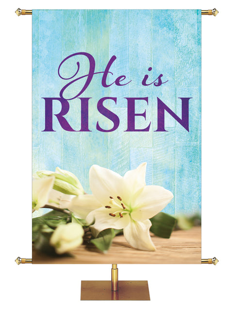 Easter Banner for Church He Is Risen with Easter Lily (Left) on blue rustic background