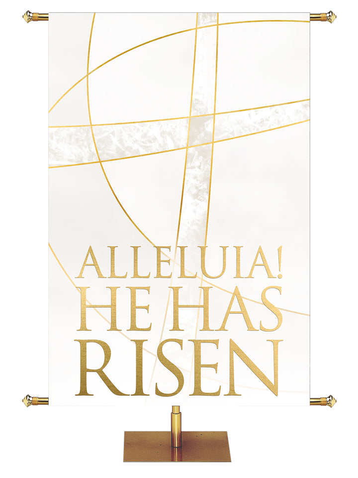 Easter Liturgy Alleluia on White Banner with Gold Stylized Cross and gold accents on wide format with left orientation