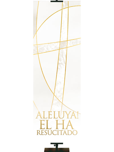 Aleluya Spanish Easter Liturgy White Banner with Gold Cross and accents thin format and left orientation