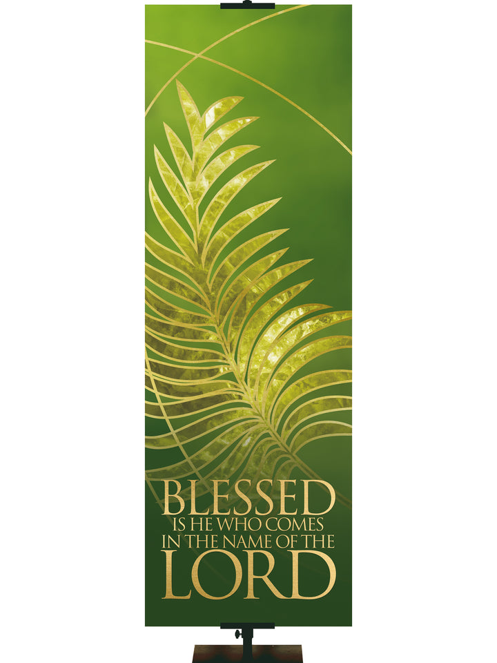 Easter Liturgy Blessed on Green Banner with Gold Palm Leaf and accents in thin banner format and left orientation