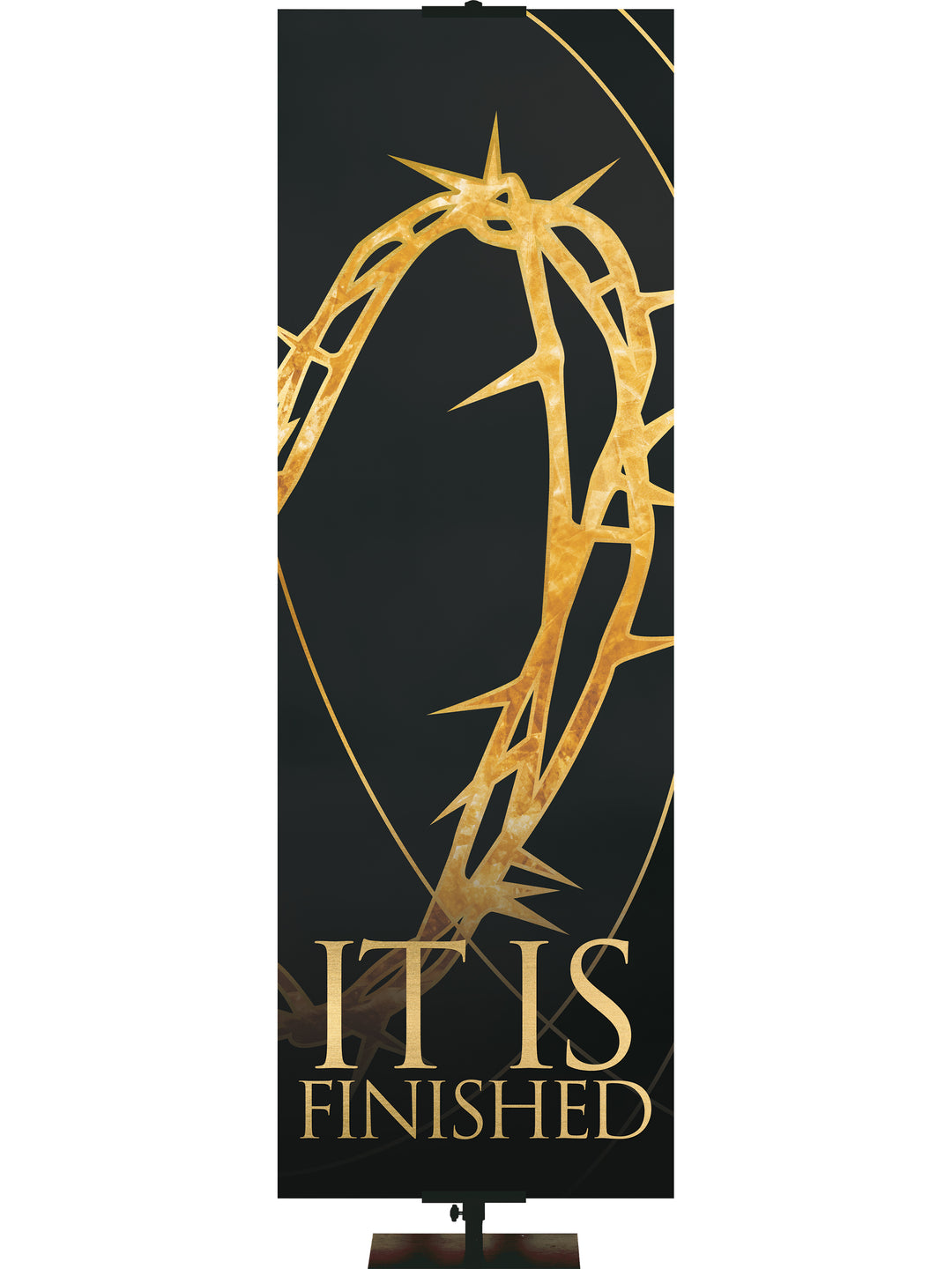 Easter Liturgy It Is Finished on Black Banner with Gold Crown of Thorns and gold accents in thin banner format and right orientation