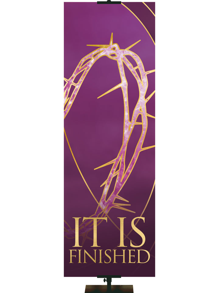 Easter Liturgy It Is Finished on Purple Banner with Gold Crown of Thorns and gold accents in thin banner format and right orientation