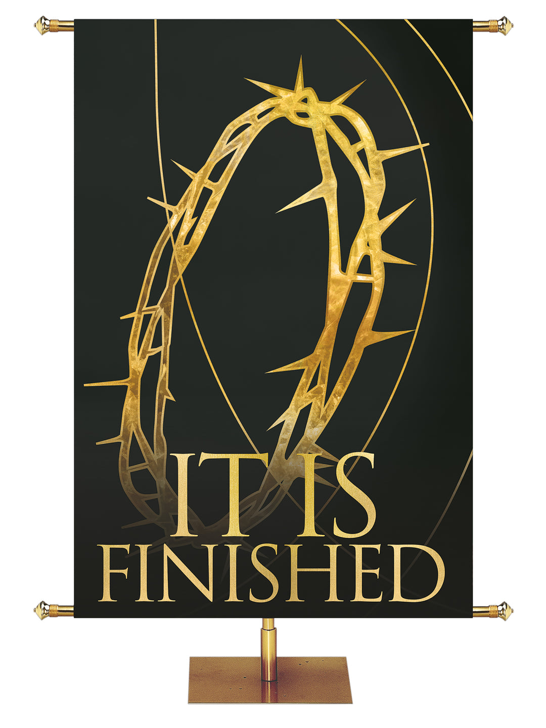 Easter Liturgy It Is Finished on Black Banner with Gold Crown of Thorns and gold accents in wide banner format and right orientation