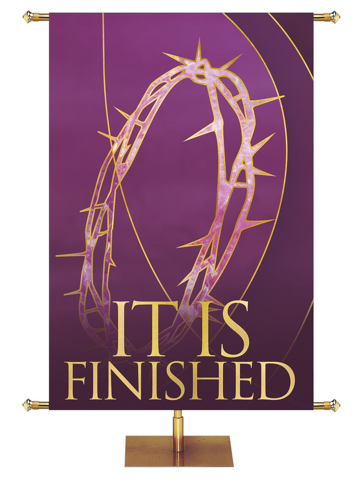 Easter Liturgy It Is Finished on Purple Banner with Gold Crown of Thorns and gold accents in wide banner format and right orientation