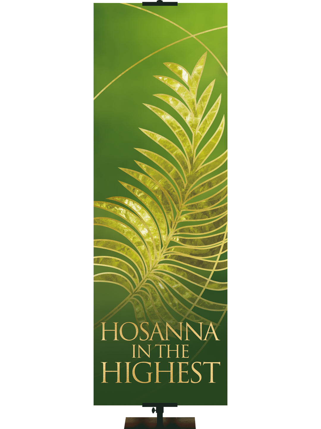 Easter Liturgy Hosanna with Gold Palm Leaf and gold accents on Green Banner thin format and right orientation