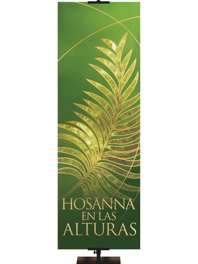 Spanish Easter Liturgy Hosanna with Gold Palm Leaf and gold accents on Green Banner thin format and right orientation