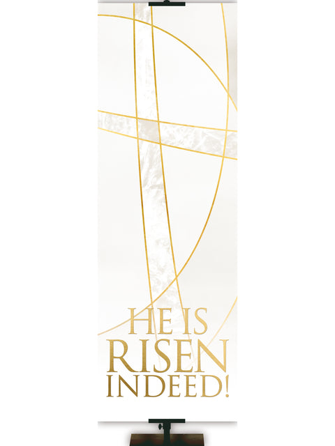 Easter Liturgy He Has Risen with Gold Stylized Cross and gold accents on White Banner thin format and right orientation