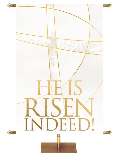 Easter Liturgy He Is Risen with Gold Stylized Cross and gold accents on White Banner wide format and right orientation