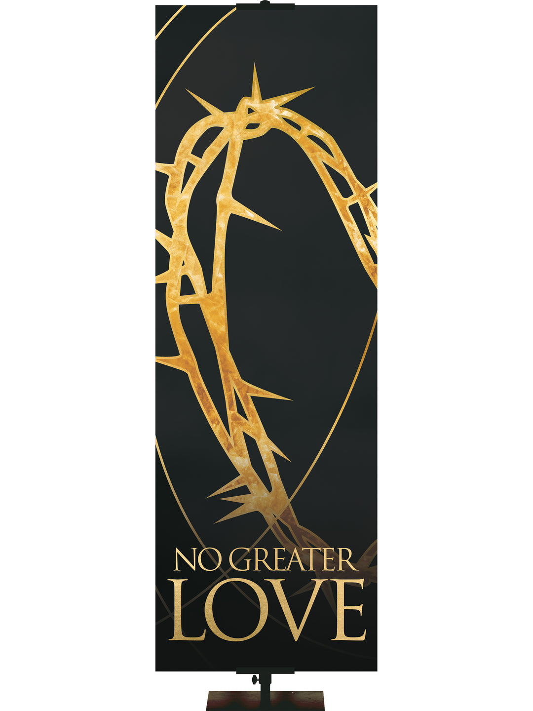 Easter Liturgy No Greater Love with Gold Crown of Thorns and gold accents on Black Banner in thin format and left orientation