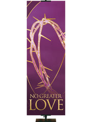 Easter Liturgy No Greater Love with Gold Crown of Thorns and gold accents on Purple Banner in thin format left orientation
