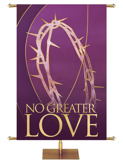 Easter Liturgy No Greater Love with Gold Crown of Thorns and gold accents on Purple Banner in wide format left orientation