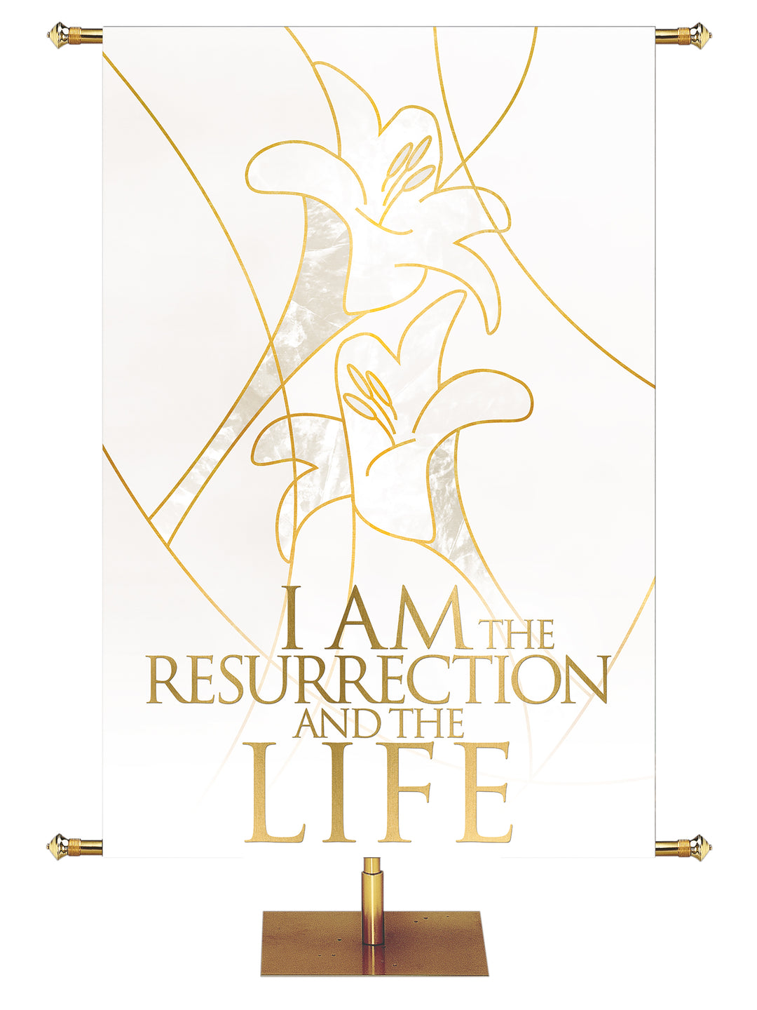 Easter Liturgy I Am The Resurrection on White Banner with two Easter Lily Blooms left above right outlined in gold in wide banner format