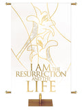 Easter Liturgy I Am The Resurrection on White Banner with two Easter Lily Blooms left above right outlined in gold in wide banner format
