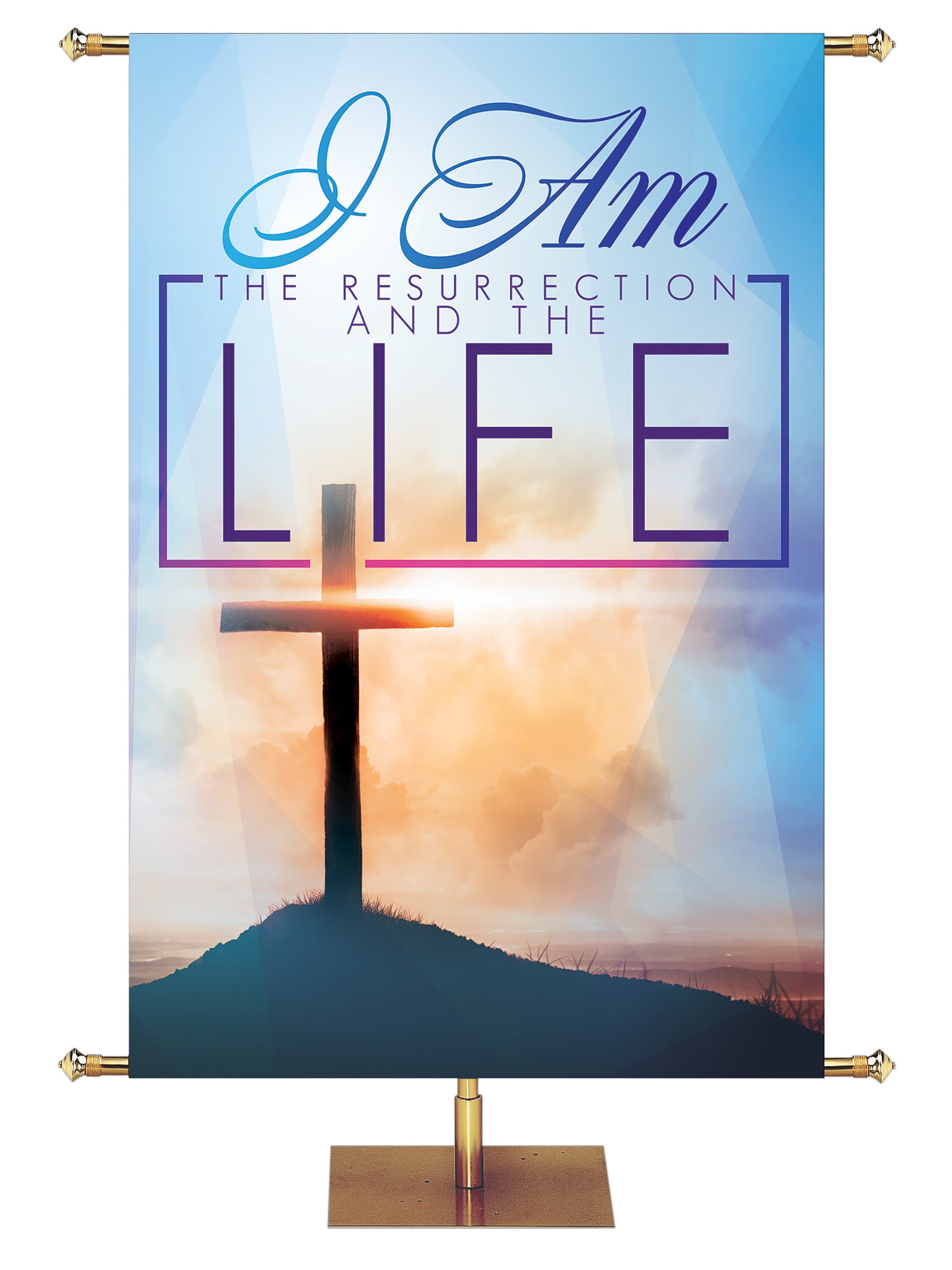 Resurrection Program Banner Easter Light Church Banner I Am The Resurrection with Cross against ...