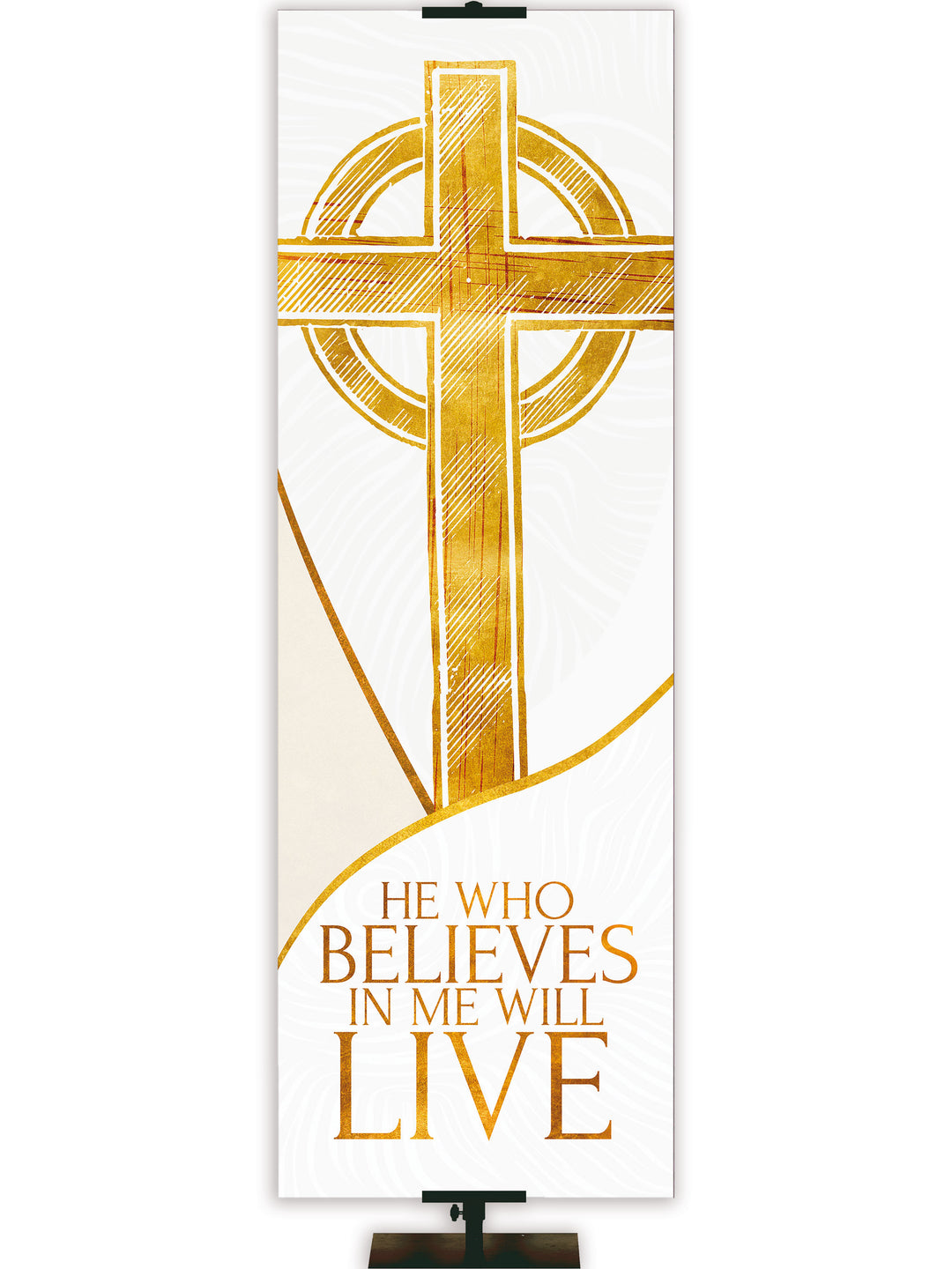 Church Banner for Easter Shimmering He Who Believes Gold Gothic Cross