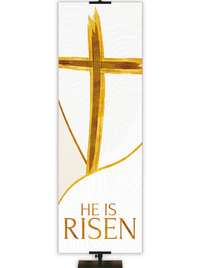 Church Banner for Easter Shimmering He Is Risen Gold Wooden Cross