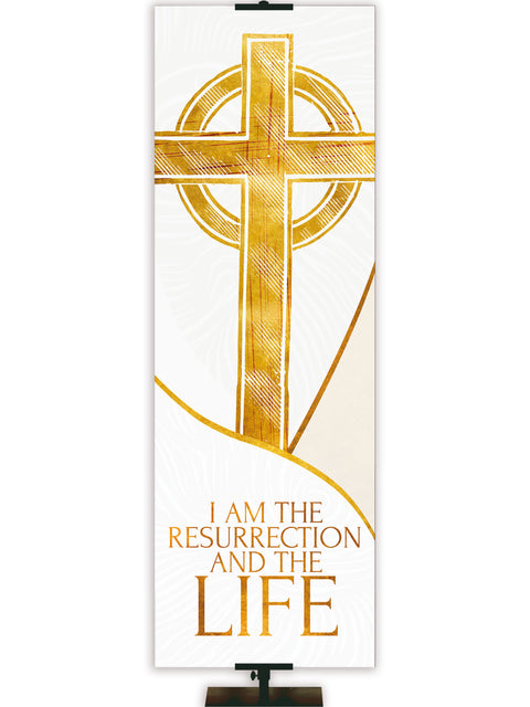 Church Banner for Easter Shimmering I Am The Resurrection and The Life Gold Gothic Cross