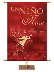 A Child is Born. Isaiah 9:6. Spanish Christmas Banner A Child is Born in Crimson or Spruce with Angel in the look of foil. 