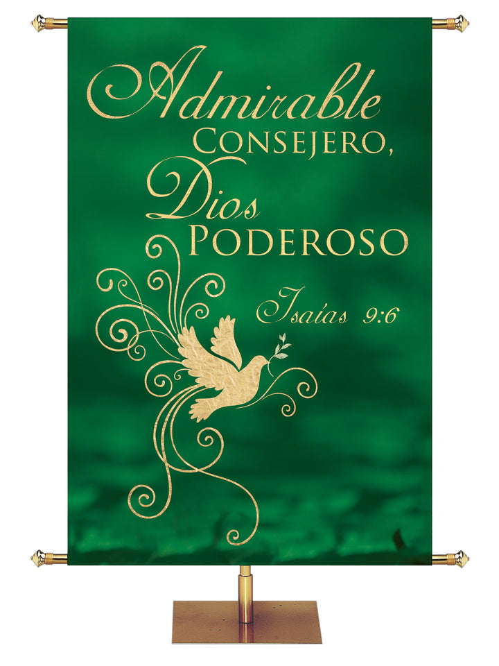 Wonderful Counselor. Isaiah 9:6. Spanish Christmas Banner Wonderful Counselor in Crimson or Spruce with Dove in the look of foil. 