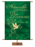 Wonderful Counselor. Isaiah 9:6. Spanish Christmas Banner Wonderful Counselor in Crimson or Spruce with Dove in the look of foil. 