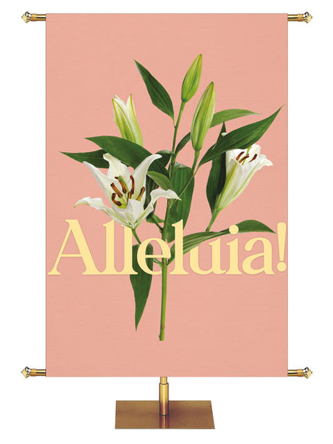 Church Banner for Easter Alleluia. Gold Lettering and White Easter Lily Blooms with Green Leaves and Buds on Rose Gold Banner