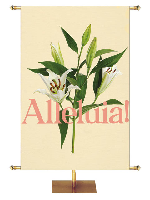 Church Banner for Easter Alleluia. Gold Lettering and White Easter Lily Blooms with Green Leaves and Buds on Yellow Banner