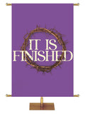 Church Banner for Easter It Is Finished. White Lettering and Crown of Thorns on Purple Banner