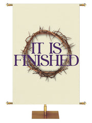 Church Banner for Easter It Is Finished in Purple Letters with Crown of Thorns on Tan Banner