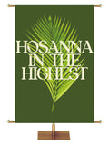 Church Banner for Easter Hosanna In The Highest. White Lettering and Green Palm on Green Banner