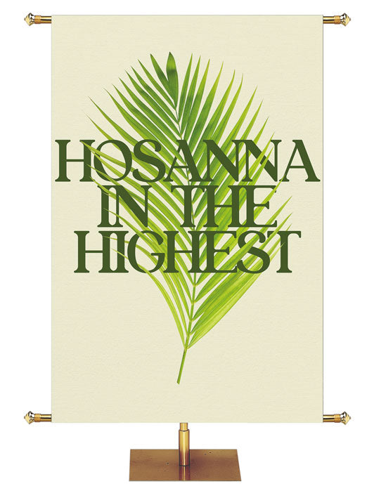 Church Banner for Easter Hosanna In The Highest. Green Palm on Tan Banner